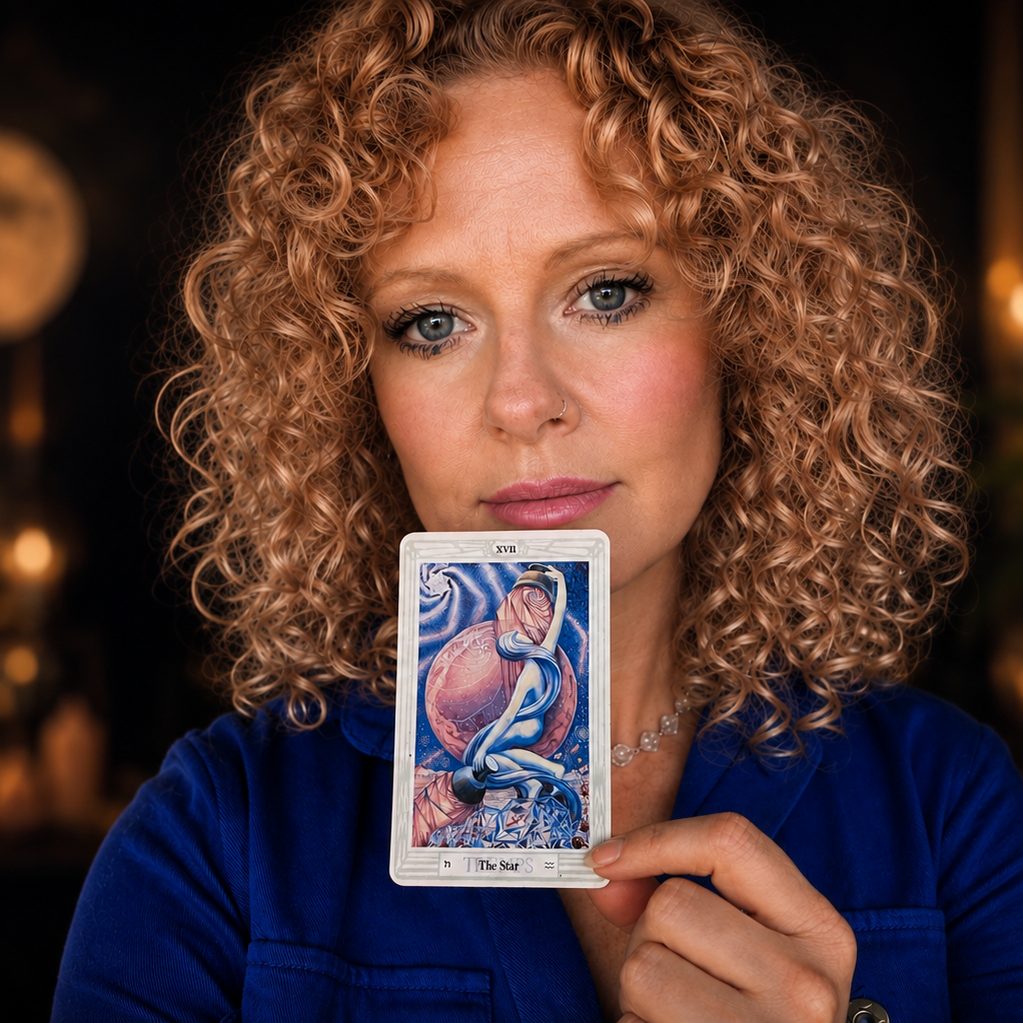 M, Enchantra's founder, holding The Star card